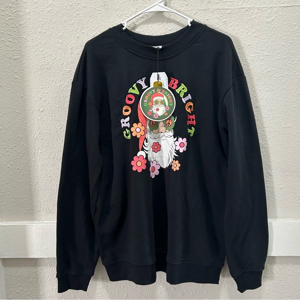 Better/Together Groovy & Bright Santa Print Black Sweatshirt Size L NWT